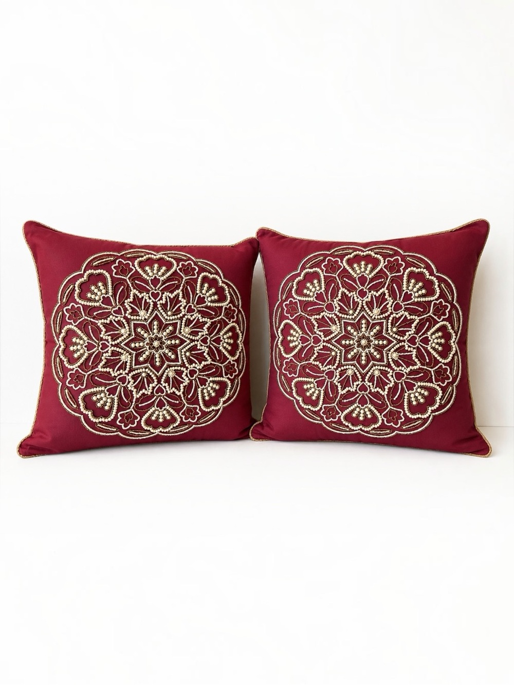 Pier 1 Burgundy Beaded Medallion Throw Pillows – Set of 2, 14” square